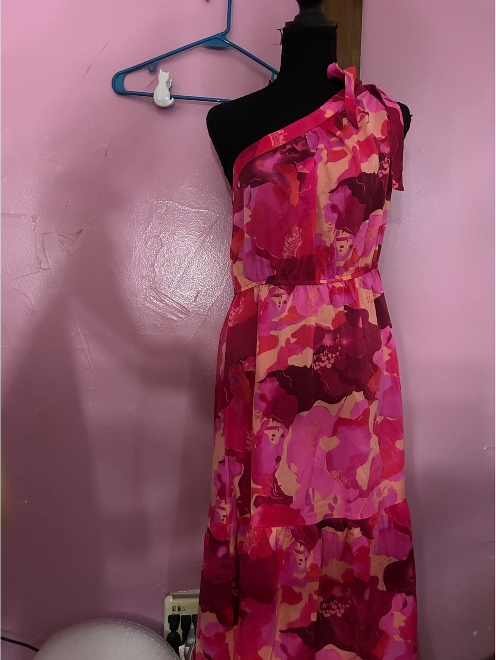 One-Shoulder Floral Dress with Tie Detail and Elastic Waistband in Pink, Red, &